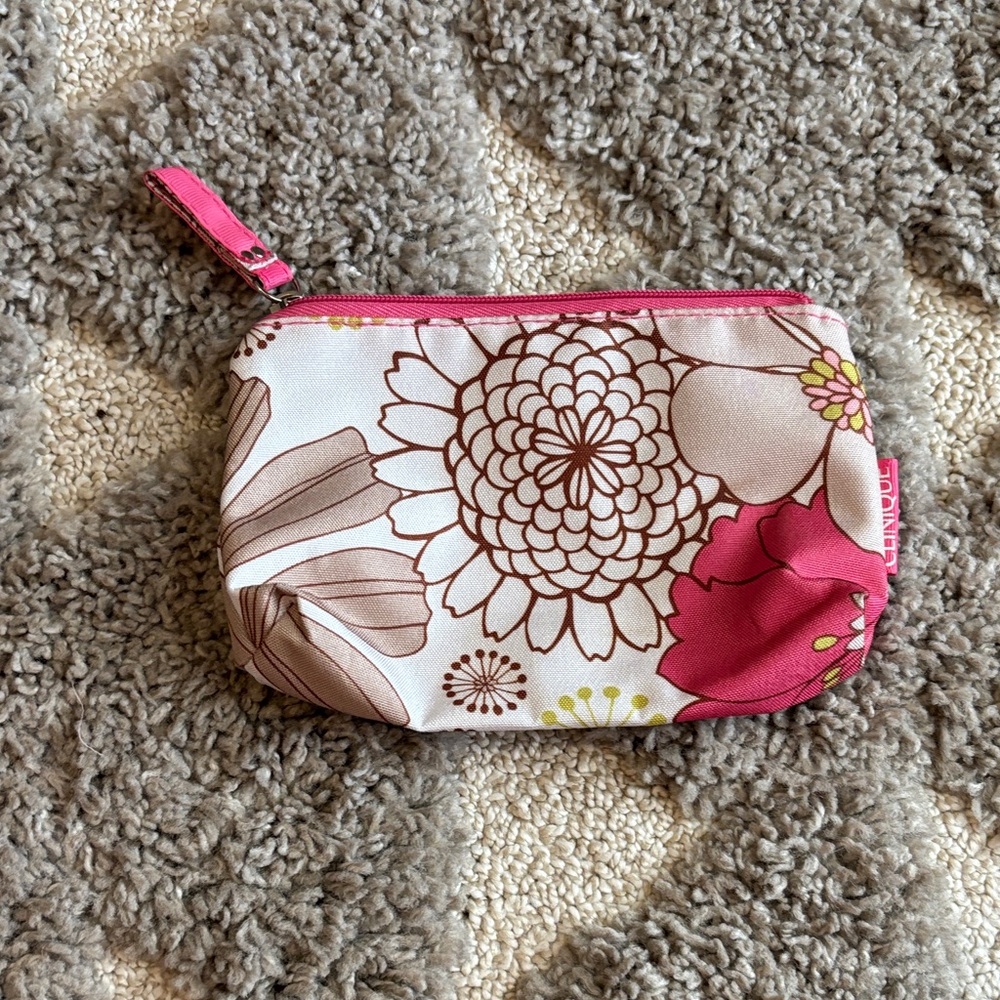 Clinique Cream and Pink Floral Makeup Pouch